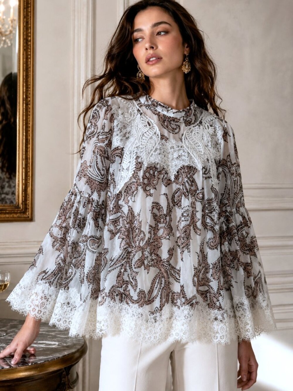 LOFT Paisley Lace Bell Sleeve Romantic Boho Semi-Sheer Women's Blouse Lp